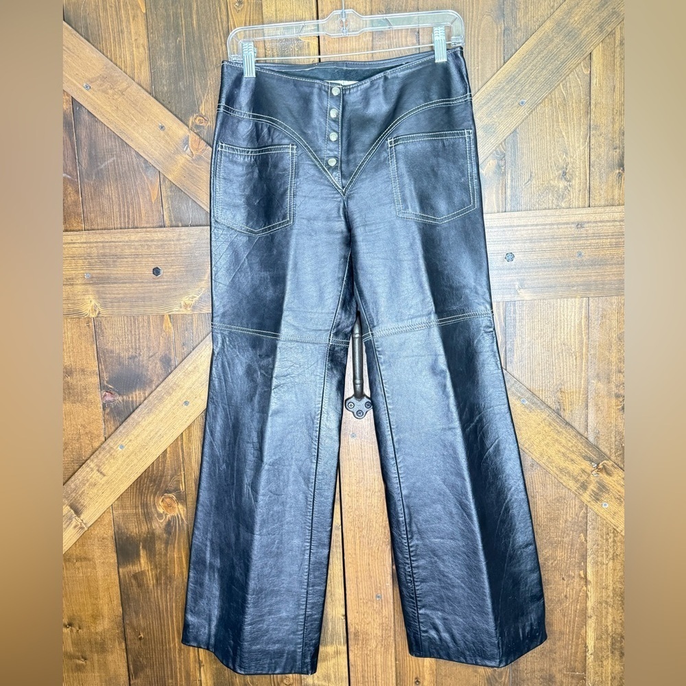 Vintage 70s Roger Kuper Designed Couture Black‎ Snap Leather Pants W 29 L 28.5